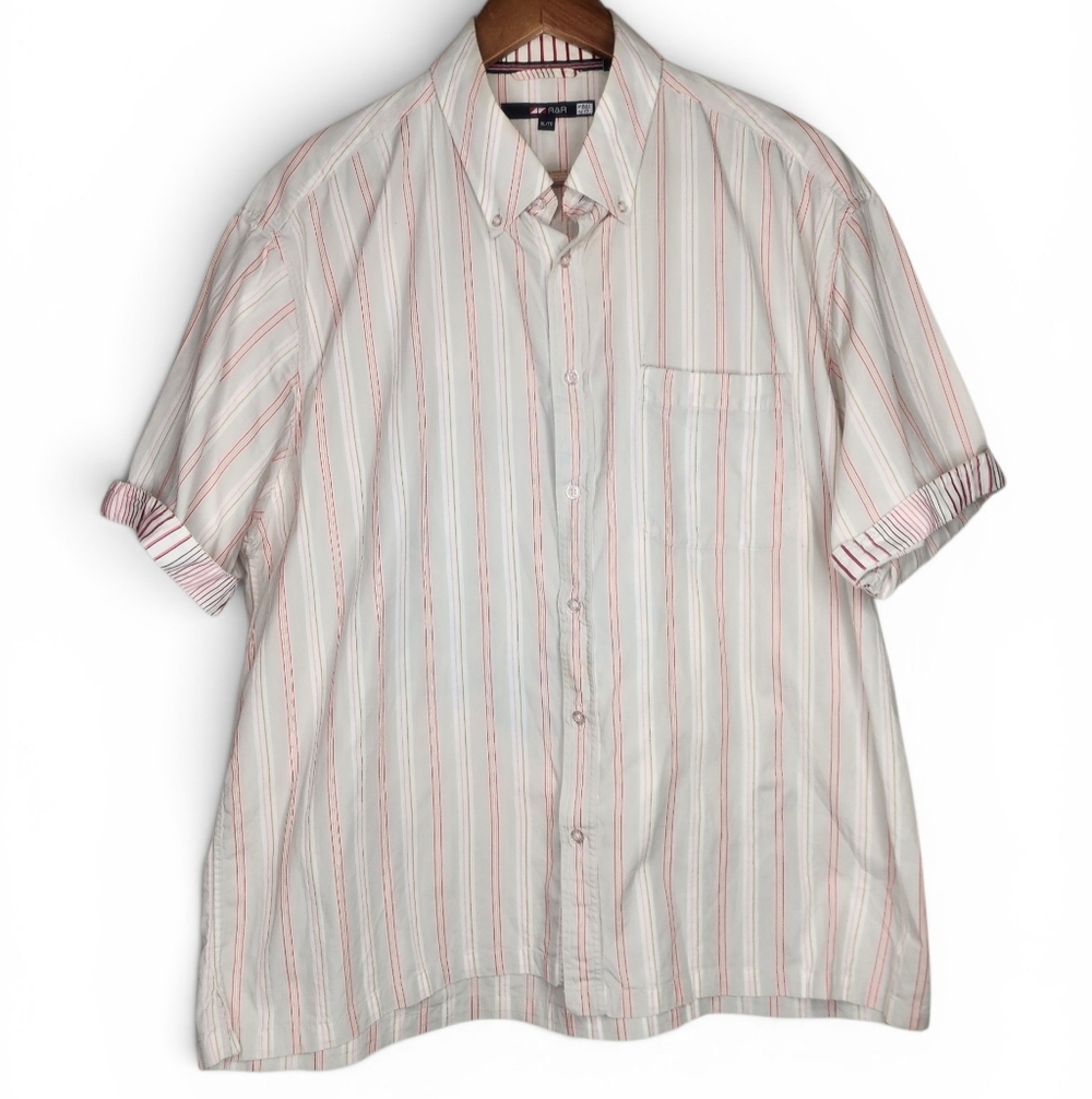 R&R Striped Short Sleeve Button Front Shirt in Off-White Red Pink Size XL